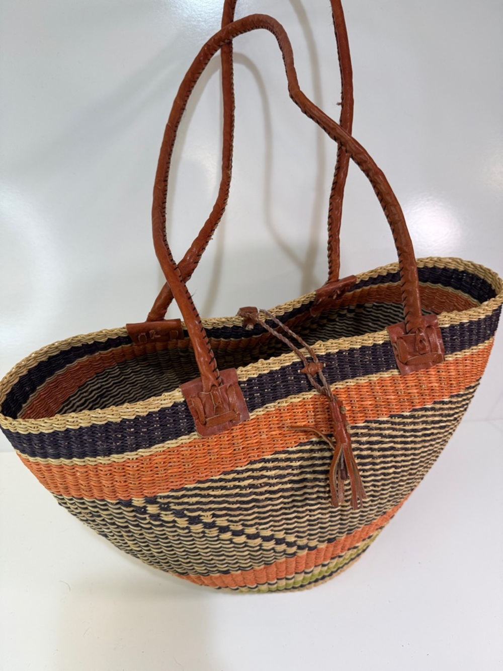 Woven Leather-Handle Market Tote Bag